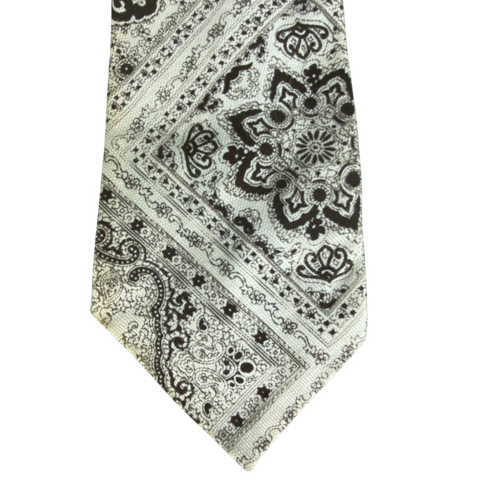 VTG Tie Mens Cream Dark Brown Bandana Paisley Mandala Hopsack Weave 70s 53x4